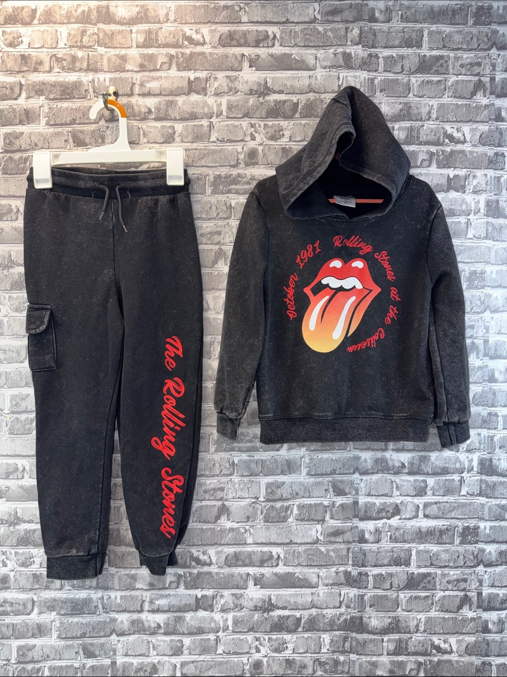 The Rolling Stones Kids Black Hoodie & Jogger Set with Iconic Tongue Graphic